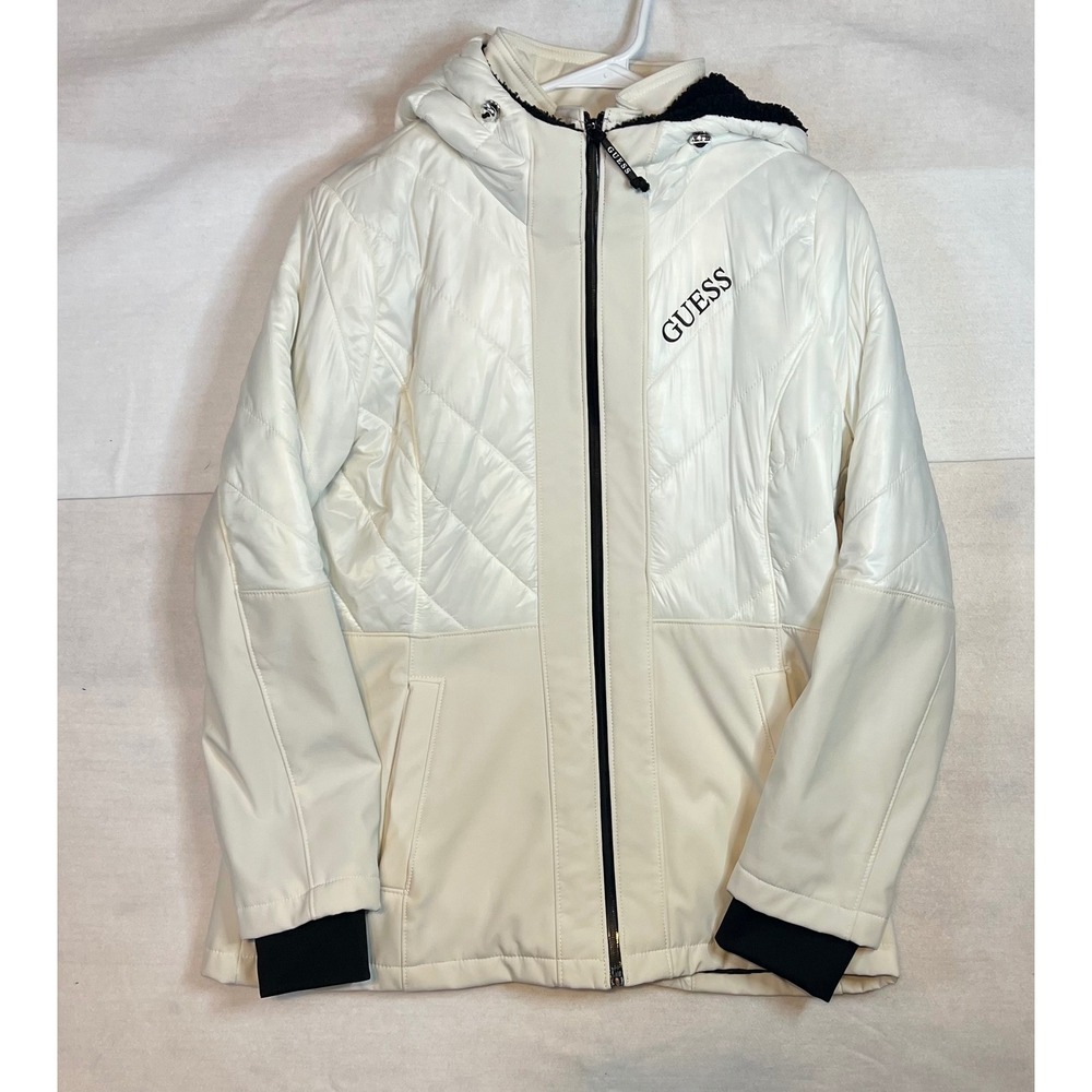 GUESS Women's Puffer Jacket Hooded Quilted Full Zip Winter Coat Jacket Large